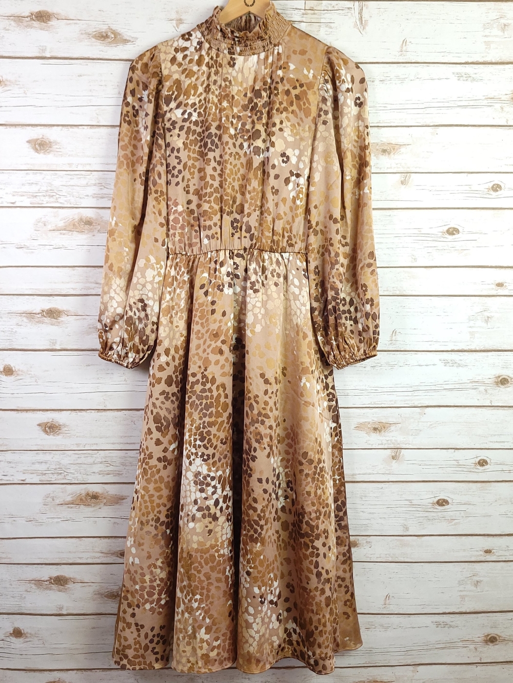 Ann Taylor Midi Dress Small Brown Animal Print Smocked Neck Long Sleeve